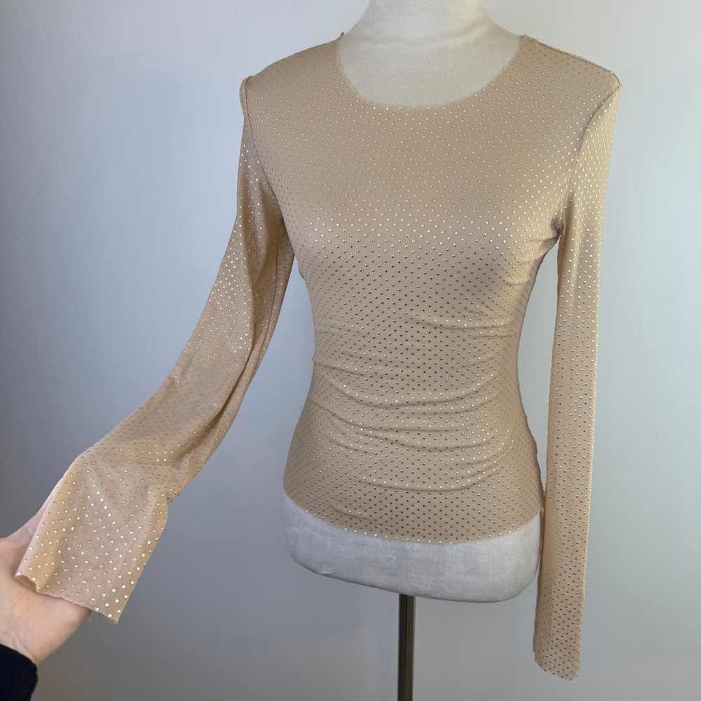 Beige Sheer Mesh Studded Metallic Long Sleeve Top Nude Crew Neck Chic Slim Fit